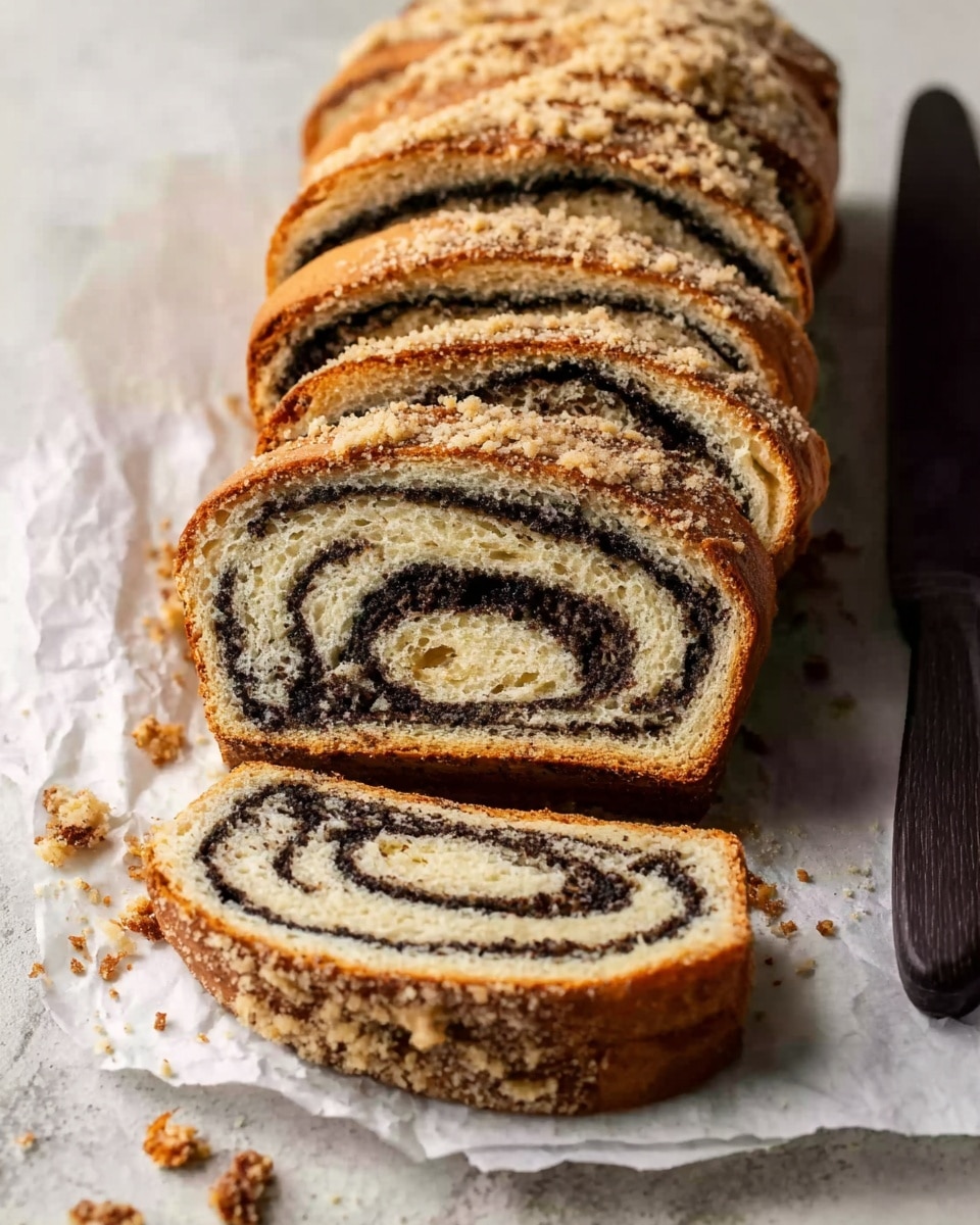 The image shows five slices of a rolled cake with a light golden crust covered in crumb crumbs, arranged in a slightly diagonal line on white parchment paper. The cake dough is light brown, and the spiral swirl filling inside is deep black, creating a clear contrast. The crumb topping looks crunchy and coarse. The background is a white marbled texture, and the cake is on a dark green wooden surface with some scattered crumbs around. A small white bowl with black seeds is placed in the lower left corner. Photo taken with an iphone --ar 4:5 --v 7