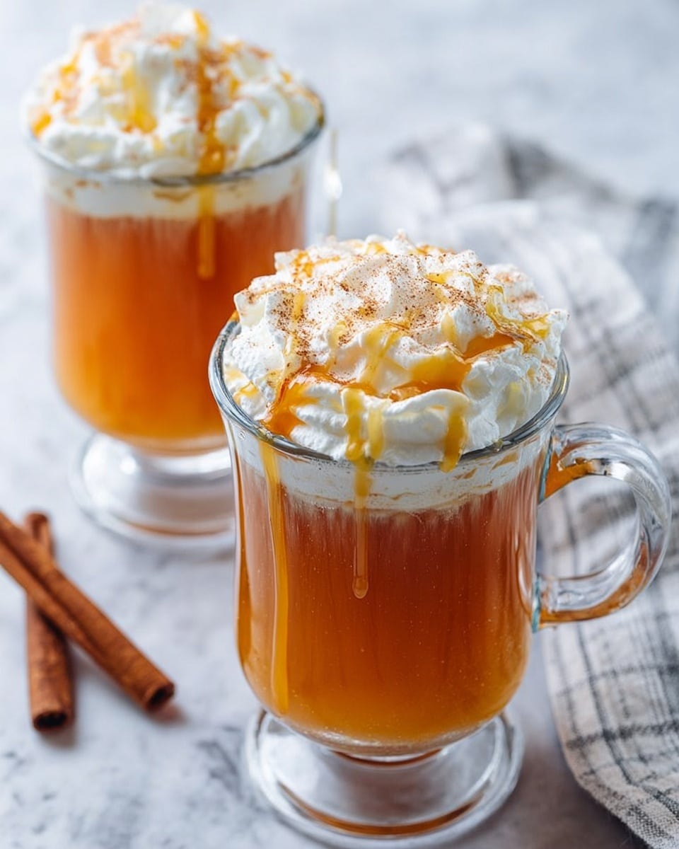 Two clear glass mugs filled with a warm amber-colored drink sit on a white marbled surface. Each mug has a thick layer of white whipped cream on top, decorated with light brown powder sprinkled over it. A golden caramel syrup is drizzled on the whipped cream, creating shiny streaks that contrast with the white cream. In the background, cinnamon sticks lie on the surface, adding a rustic touch. A white and gray striped cloth is partially visible near the front mug. photo taken with an iphone --ar 4:5 --v 7