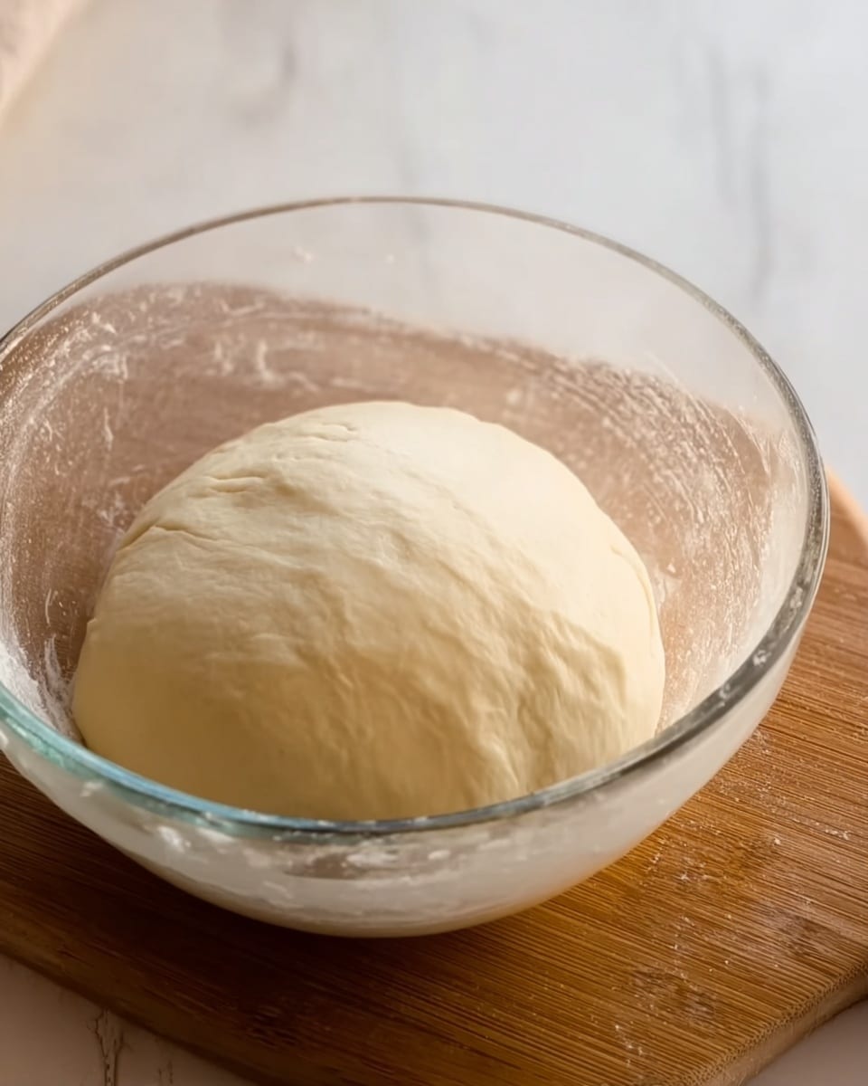 A clear glass bowl sitting on a wooden board holds a smooth, round ball of pale dough that looks soft and slightly shiny. The dough fills most of the bowl, with subtle folds visible on its surface. The background shows a clean white marbled texture with soft natural light gently highlighting the dough's smooth detail and glass bowl edges. Photo taken with an iphone --ar 4:5 --v 7