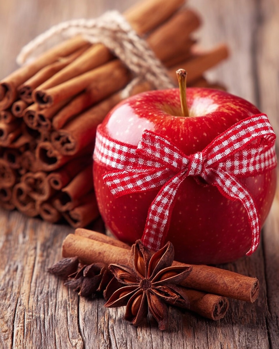 The image shows a close-up of a shiny red apple with a red and white checkered ribbon tied in a bow around its stem, sitting on top of several brown cinnamon sticks that are arranged close together. In front of the apple and cinnamon sticks lies a single star anise with a star shape and dark brown color. Behind the apple is a bundle of cinnamon sticks tied together with a piece of light brown string. All these items rest on a rough wooden surface that adds a rustic feel. The apple is the central focus, with its smooth red skin contrasting with the rough texture of the cinnamon and wooden background. Photo taken with an iphone --ar 4:5 --v 7