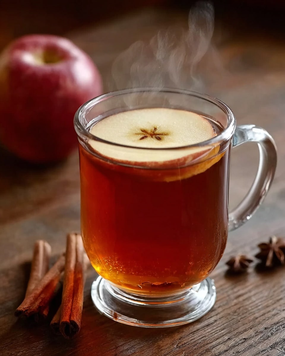 A clear glass mug filled with dark amber hot tea sits on a wooden table, with steam rising gently from the surface. Floating on top of the tea is a single round slice of apple, pale yellow with a small brown center. In the background, a whole red apple and two cinnamon sticks rest on the wooden surface, adding warm tones and a cozy atmosphere. A cinnamon stick also lies beside the mug in the foreground. The scene is set on a white marbled texture. Photo taken with an iphone --ar 4:5 --v 7