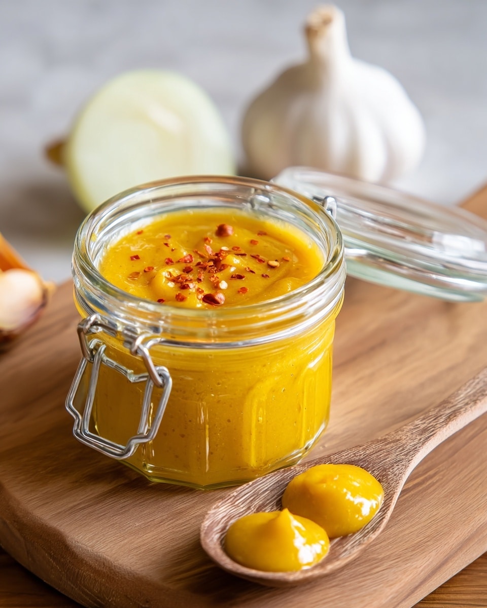 A clear glass jar with a metal clasp holds bright yellow mustard sauce that looks smooth and thick, with some small red spices sprinkled on top. The jar is open and placed on a wooden board. Around it, there are two white garlic bulbs and a quarter of a white onion slightly out of focus in the background. In front of the jar, two dollops of the same mustard sauce sit on a wooden spoon with a natural grain texture. The whole scene is set on a white marbled surface. Photo taken with an iphone --ar 4:5 --v 7