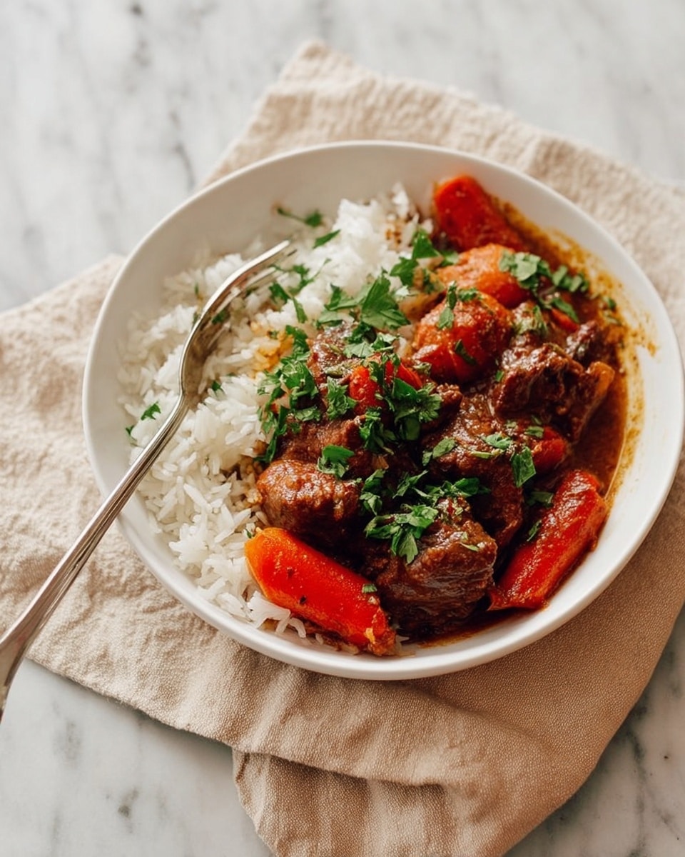 In a white bowl, there are three main layers: the bottom layer is white rice with a soft texture; the middle layer is rich brown stew with chunky pieces of meat and carrots; the top layer is sprinkled with fresh green herbs, adding brightness. A silver fork is placed on the left side inside the bowl, and the bowl sits on a pale beige cloth over a white marbled surface. photo taken with an iphone --ar 4:5 --v 7