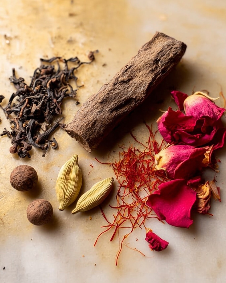 The image shows different spices and dried petals arranged separately on a smooth golden surface. On the left, there is a small pile of dark, dried tea leaves. Next to it are a few whole dried cloves with their brown heads. In the center lies a thick piece of brown bark with a rough texture. To the right of the bark, there are two dried seed pods that are pale yellow. On the far right, bright red and pink dried rose petals are scattered, some with curled edges. Near the bottom center, thin red saffron threads are spread out. The background is a white marbled texture. photo taken with an iphone --ar 4:5 --v 7