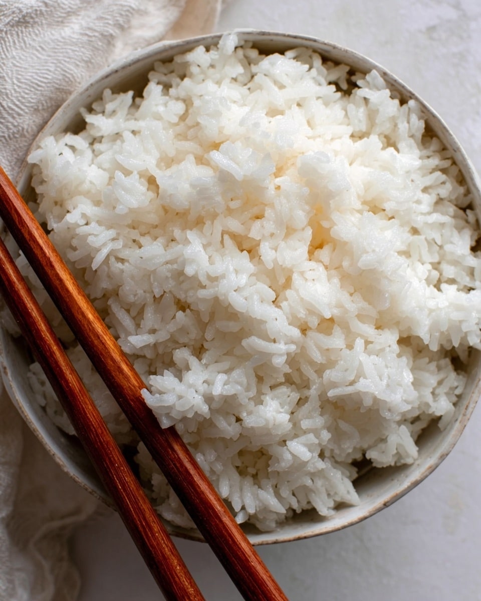 A close-up view of a white bowl filled with sticky white rice, showing the shiny, soft grains with a slightly clumped texture. Two wooden chopsticks rest on the left side of the bowl, adding a natural brown tone and smooth texture contrast to the white rice. The background surface is white with a marbled texture, enhancing the clean and simple look of the dish. photo taken with an iphone --ar 4:5 --v 7