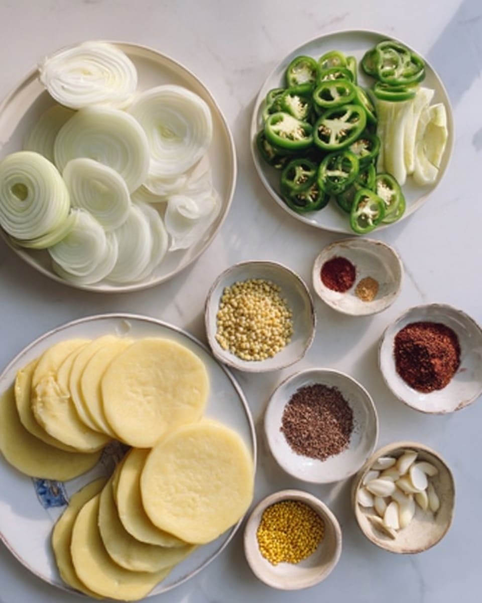 A white marble surface displays an arrangement of sliced vegetables and spices neatly organized in white plates and small bowls. At the bottom are round yellow dough discs stacked in a loose pile. To the left, a white plate holds several layers of thin white onion rings. Above, thin slices of green bell peppers are placed on a white plate, while next to it is a similar plate with thin green chili rings. On the top right, white plates hold small piles of reddish-brown and dark brown ground spices. Three small bowls contain yellow mustard seeds, a red powder, and a few white almond slices. The overall layout is orderly with soft natural lighting, photo taken with an iphone --ar 4:5 --v 7