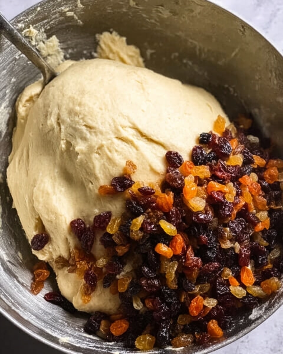 A close-up view of a metal mixing bowl filled with smooth pale dough, occupying the left part of the bowl. On the right side, there is a generous pile of dried fruit pieces, including dark raisins and small orange bits, creating a colorful contrast against the dough. A metal spoon with some dough is visible on the left edge, partly submerged. The background surface is a white marbled texture. photo taken with an iphone --ar 4:5 --v 7