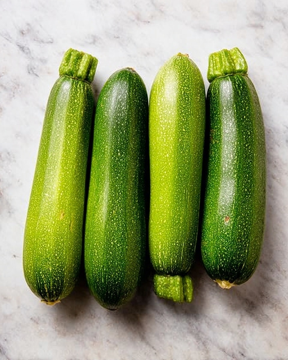 Four whole green zucchinis are placed side by side on a white marbled surface. Each zucchini has a slightly textured skin with small bumps and a rounded end with a green cap at the top. The zucchinis show fresh, vibrant green colors with subtle variations and a firm, smooth texture. The image is simple, focusing only on the zucchinis without any other items or distractions. Photo taken with an iphone --ar 4:5 --v 7