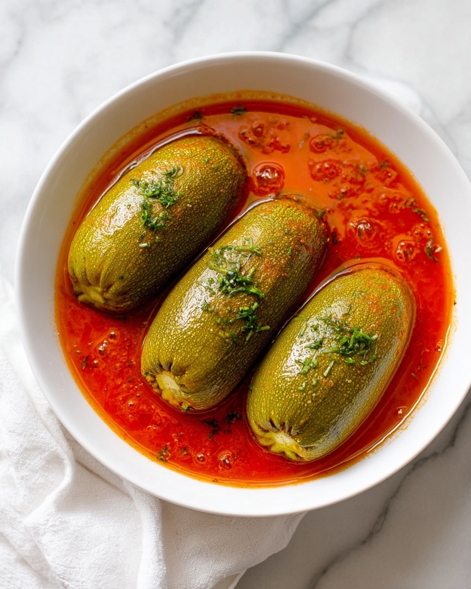 The image shows a white bowl filled with a bright red tomato sauce. Inside the bowl, there are two whole stuffed zucchinis lying side by side, with a shiny, slightly textured green skin. In front of the whole zucchinis, there are three round pieces of stuffed zucchini cut to show a mix of light brown ground meat and white rice inside. Small green herb bits are sprinkled over the zucchinis and sauce. The bowl is placed on a white marbled surface with a white cloth napkin partly visible behind it. photo taken with an iphone --ar 4:5 --v 7