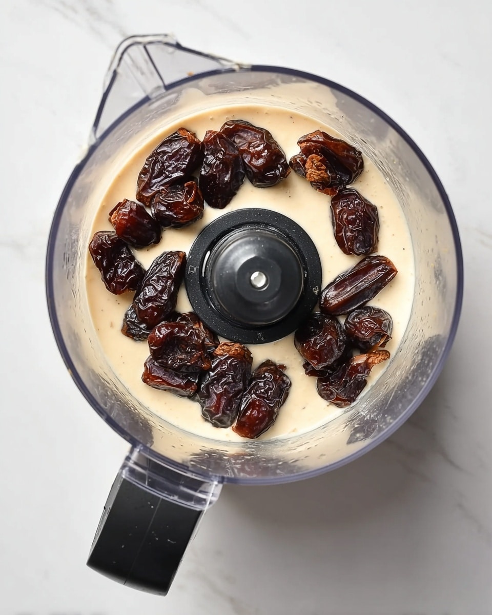 A top view of a clear food processor bowl filled with a layer of creamy light beige liquid at the bottom, topped with a scattered layer of dark brown dates with wrinkled skins inside the bowl. The bowl has a black central blade and handle, sitting on a white marbled surface photo taken with an iphone --ar 4:5 --v 7