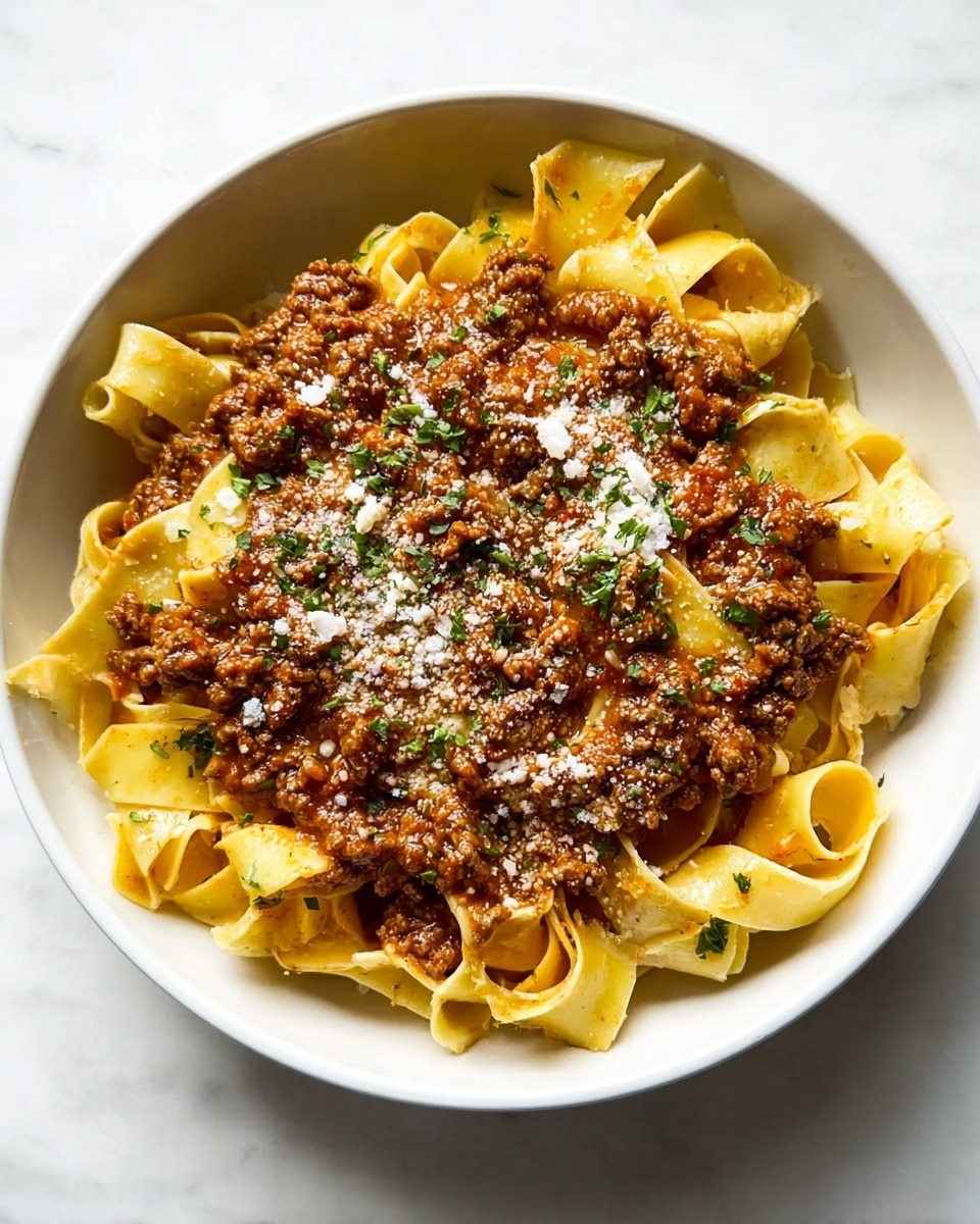 A white bowl filled with thick, flat yellow pasta noodles layered evenly, mixed with a rich reddish-brown meat sauce full of small meat pieces. The sauce covers the pasta well, with some grated pale cheese sprinkled generously on top. There are some green herb bits scattered lightly over the dish. Two silver forks rest inside the bowl on the left side. In the background, there is a large piece of light brown block cheese sitting on a white marbled surface. Photo taken with an iphone --ar 4:5 --v 7