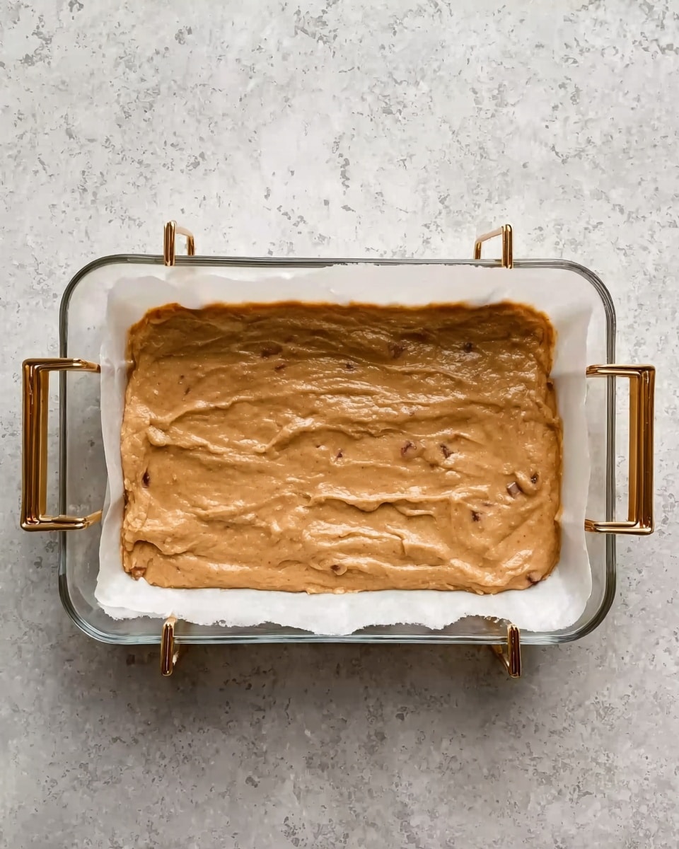 The image shows a clear glass rectangular baking dish lined with white parchment paper held in place by gold-colored clips at each corner. The dish contains one thick, smooth layer of light brown batter with a few small visible chunks. The surface it sits on is a white marbled texture. Photo taken with an iphone --ar 4:5 --v 7