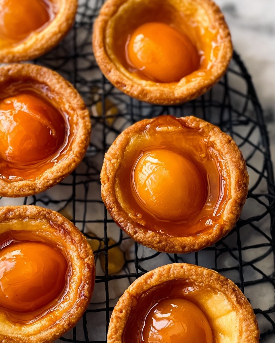 The image shows six small tarts cooling on a black wire rack, each with one whole apricot half in the center. The tarts have a golden brown crust that looks slightly glossy and flaky, with some dripping caramelized syrup on the edges and the rack. The apricot halves vary in color from light orange to a deeper amber, with a shiny glazed finish that makes them look juicy and sticky. The background is a white marbled surface, adding a soft contrast to the warm tones of the tarts. photo taken with an iphone --ar 4:5 --v 7