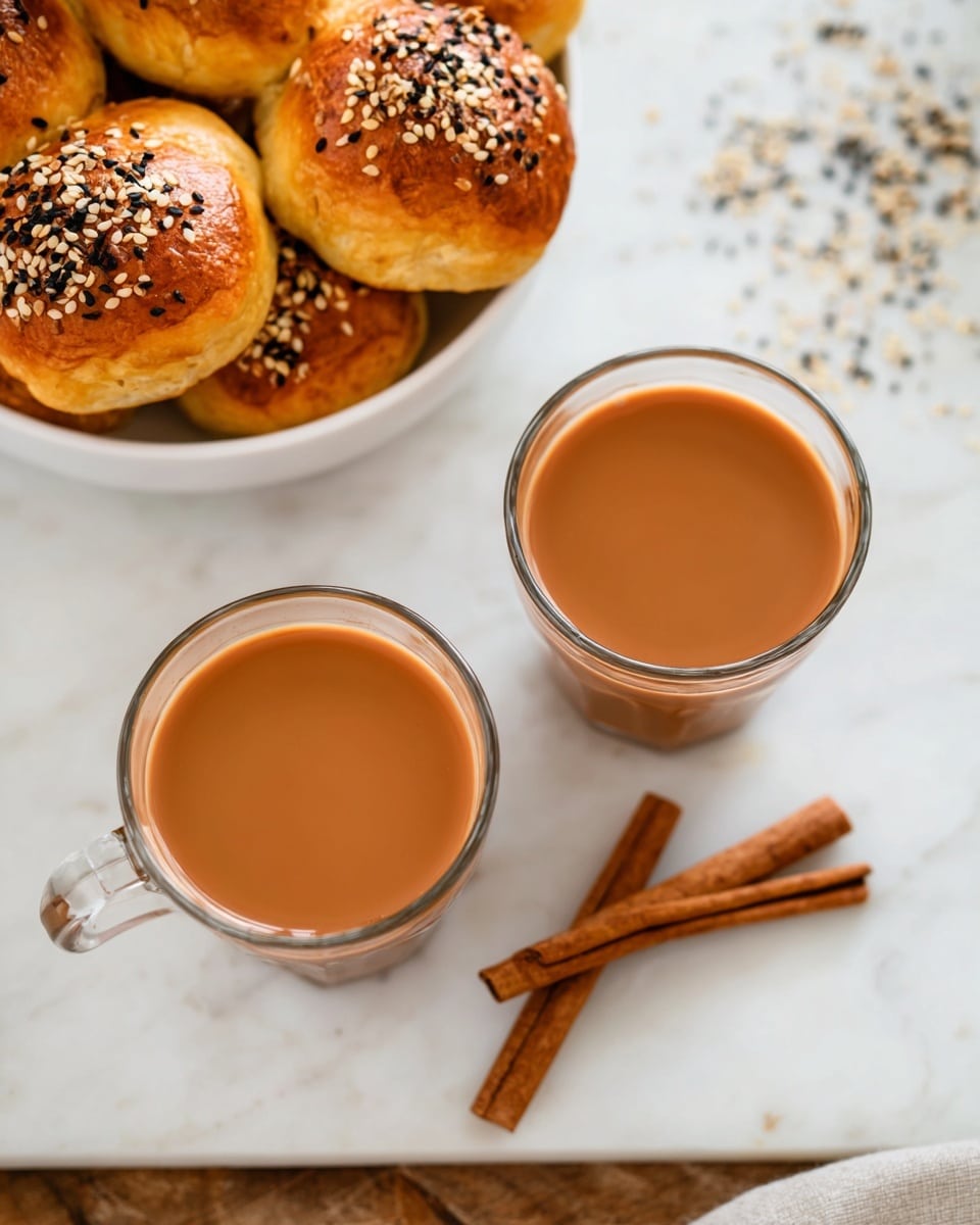 The image shows two clear glass cups filled with smooth, rich brown chai tea, placed on a white marble surface with a wooden edge visible at the bottom. Next to the cups, there are two cinnamon sticks crossed over each other, adding a warm brown contrast to the scene. In the top left corner, there is a white bowl filled with golden-brown baked rolls topped with a mix of white and black sesame seeds, showing their shiny, slightly textured surface. The background has a scattered sprinkling of black and white sesame seeds on the white marbled surface. The lighting is soft and natural, highlighting the warm tones of the chai and rolls. photo taken with an iphone --ar 4:5 --v 7