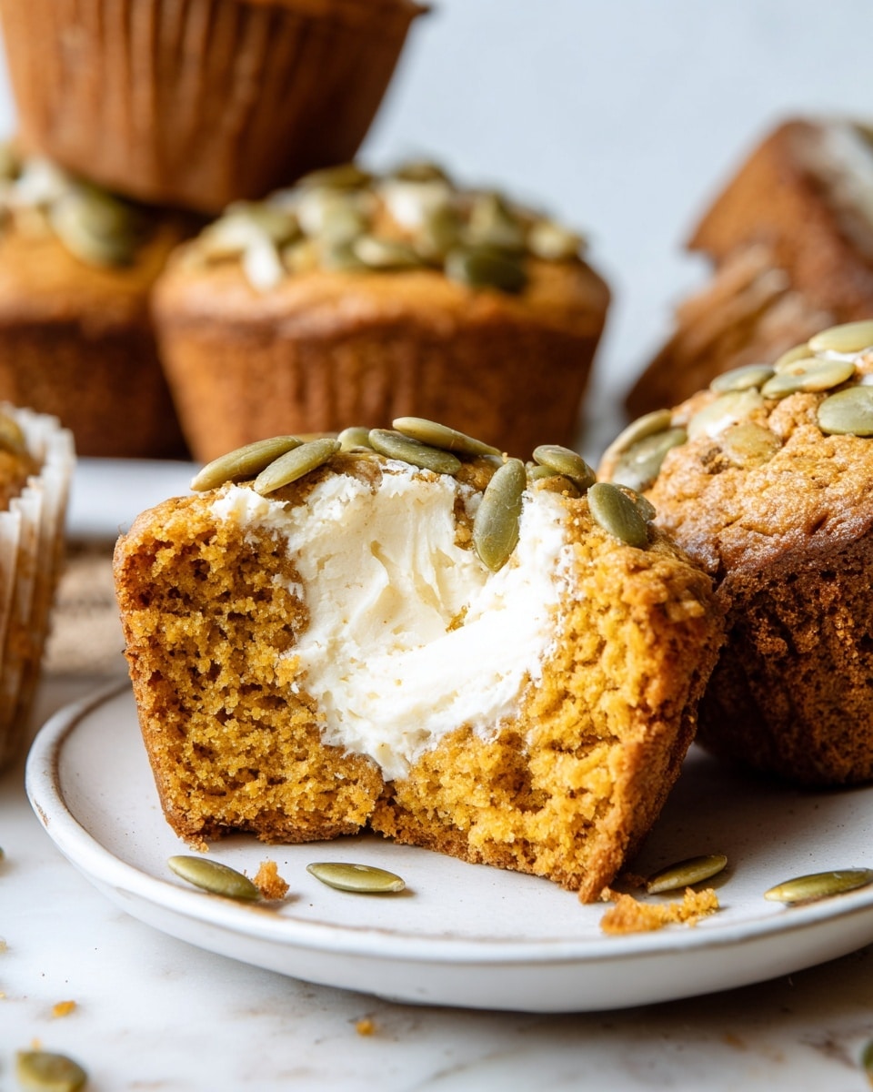 A close-up of a single split muffin on a white plate showing two layers: a golden-brown spongy cake base with a moist texture and a creamy, pale cream cheese filling inside the top center; the muffin is topped with green pumpkin seeds scattered over its rough surface. In the background, blurred, there are several whole muffins stacked and spaced apart on a white marbled surface, creating a warm and inviting scene. Photo taken with an iphone --ar 4:5 --v 7