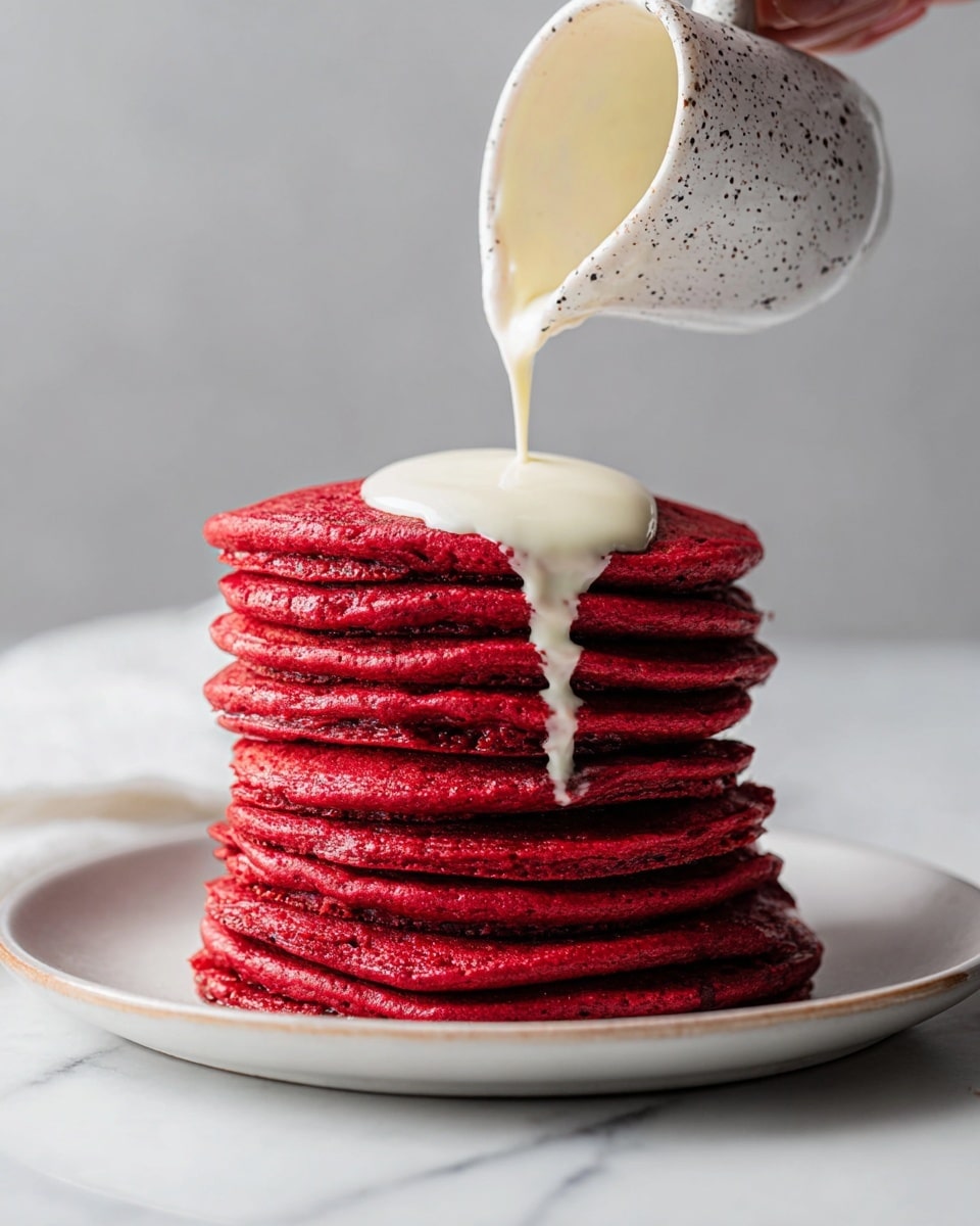 A tall stack of nine thick red pancakes is placed on a white plate, each pancake showing a soft and spongy texture with slight holes. At the top, creamy white sauce is being poured from a white jug with black speckles, the sauce slowly dripping over the bright red pancake surface. The plate sits on a white marbled surface, and in the corner, the edge of a woman's hand holding the jug is visible. Photo taken with an iphone --ar 4:5 --v 7