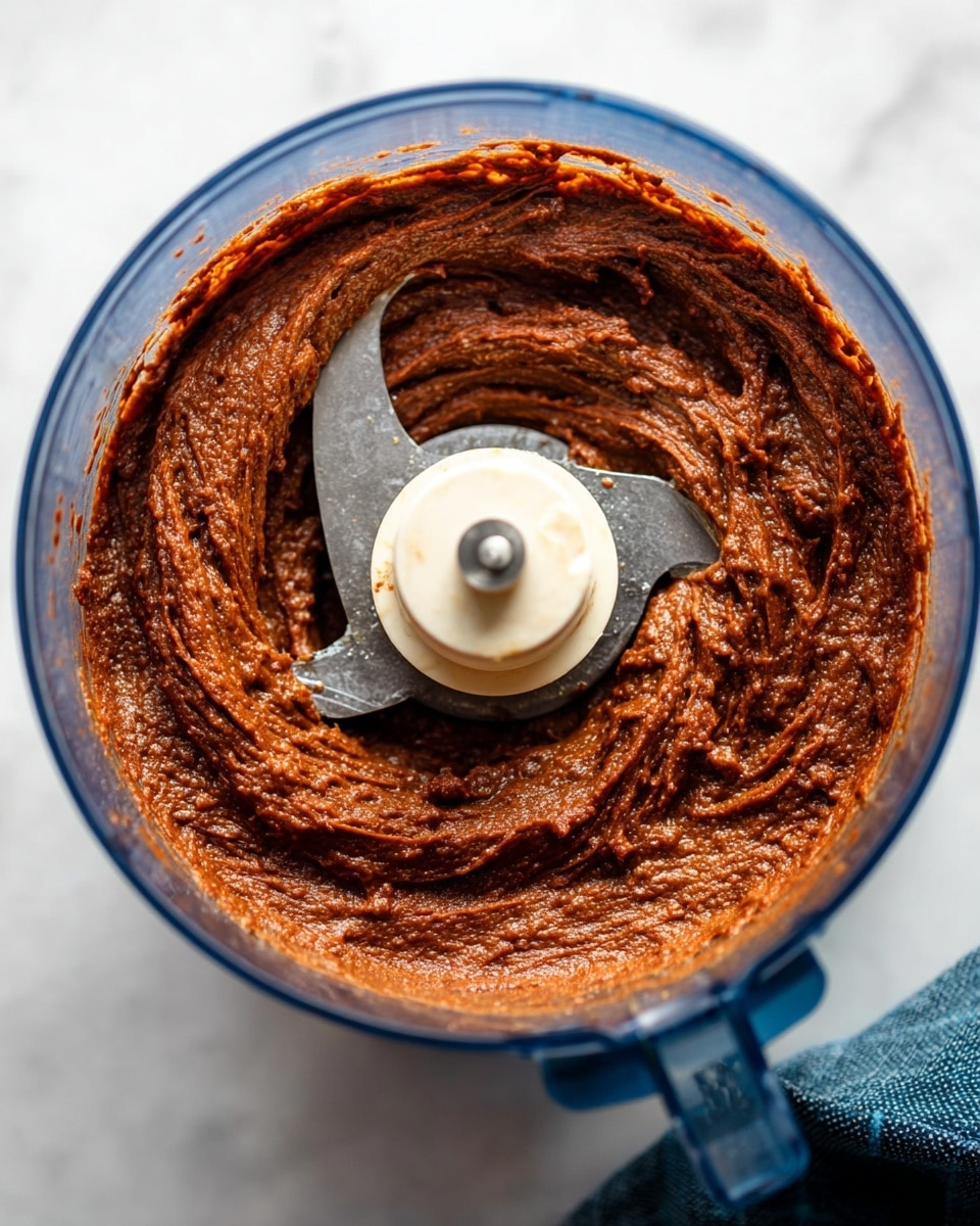 The image shows a close-up top view of a food processor filled with thick, rich brown paste. The paste has a slightly chunky texture mixed with smooth areas, swirling around the sharp silver blade that is centered in the middle. The container of the processor is clear with a blue tint around the edge. The background is a white marbled surface with a small part of a dark blue cloth visible in the lower right corner. photo taken with an iphone --ar 4:5 --v 7