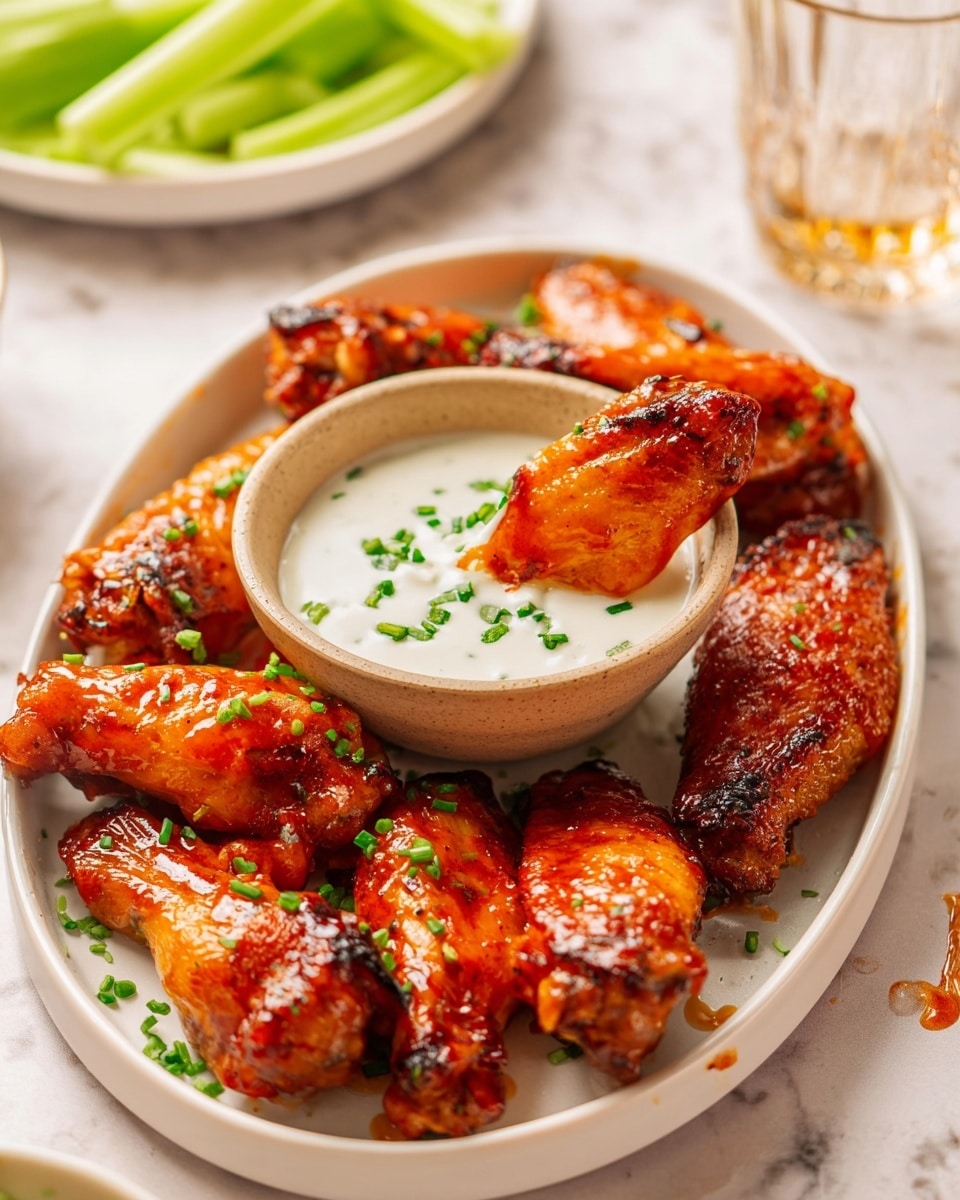 A white oval plate holds several orange-red glazed chicken wings arranged around a small beige bowl of white creamy dipping sauce topped with finely chopped green chives. One chicken wing is dipped halfway into the sauce. The chicken wings have a shiny, slightly charred surface with a sticky texture. In the background, a white plate with green celery sticks is visible on a white marbled surface, along with part of a clear glass and a few droplets of sauce. photo taken with an iphone --ar 4:5 --v 7