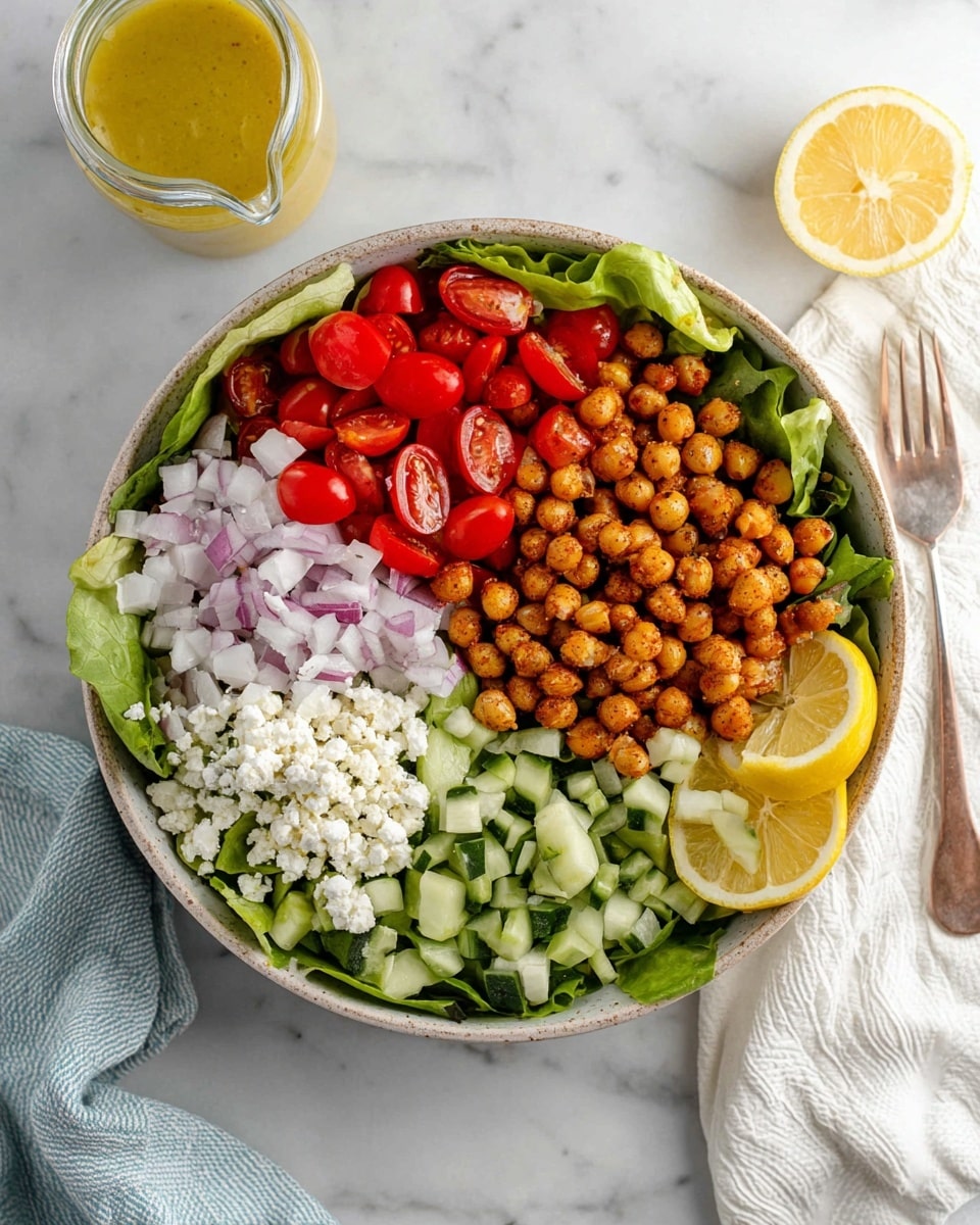 A bowl with five layers of fresh ingredients on a bed of green lettuce leaves. Starting from the top right, there is a pile of golden-brown roasted chickpeas, next to bright red halved cherry tomatoes. Moving left, there are crumbled white cheese pieces, followed by thin light purple sliced shallots. At the bottom right, there are small chopped green cucumber pieces. Two lemon wedges rest on the edge of the bowl to the right. The bowl sits on a white marbled surface with a white and light blue cloth nearby, and a glass container with yellow dressing on the left. Photo taken with an iphone --ar 4:5 --v 7
