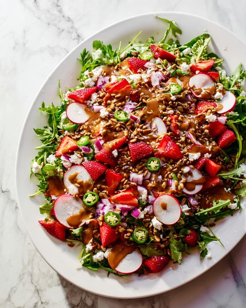 A large white plate is filled with a fresh salad laid on a white marbled surface. The base layer is made of bright green arugula spread evenly across the plate. On top, there are scattered slices of red strawberries and thinly sliced white radishes with pink edges, mixed with slices of green jalapeño peppers. Small chunks of white cheese are sprinkled all over, along with chopped red onions for a bit of color contrast. There are also sunflower seeds spread evenly on top, and the whole dish is drizzled with a brown, thick dressing that adds shine and texture to the salad. Photo taken with an iphone --ar 4:5 --v 7