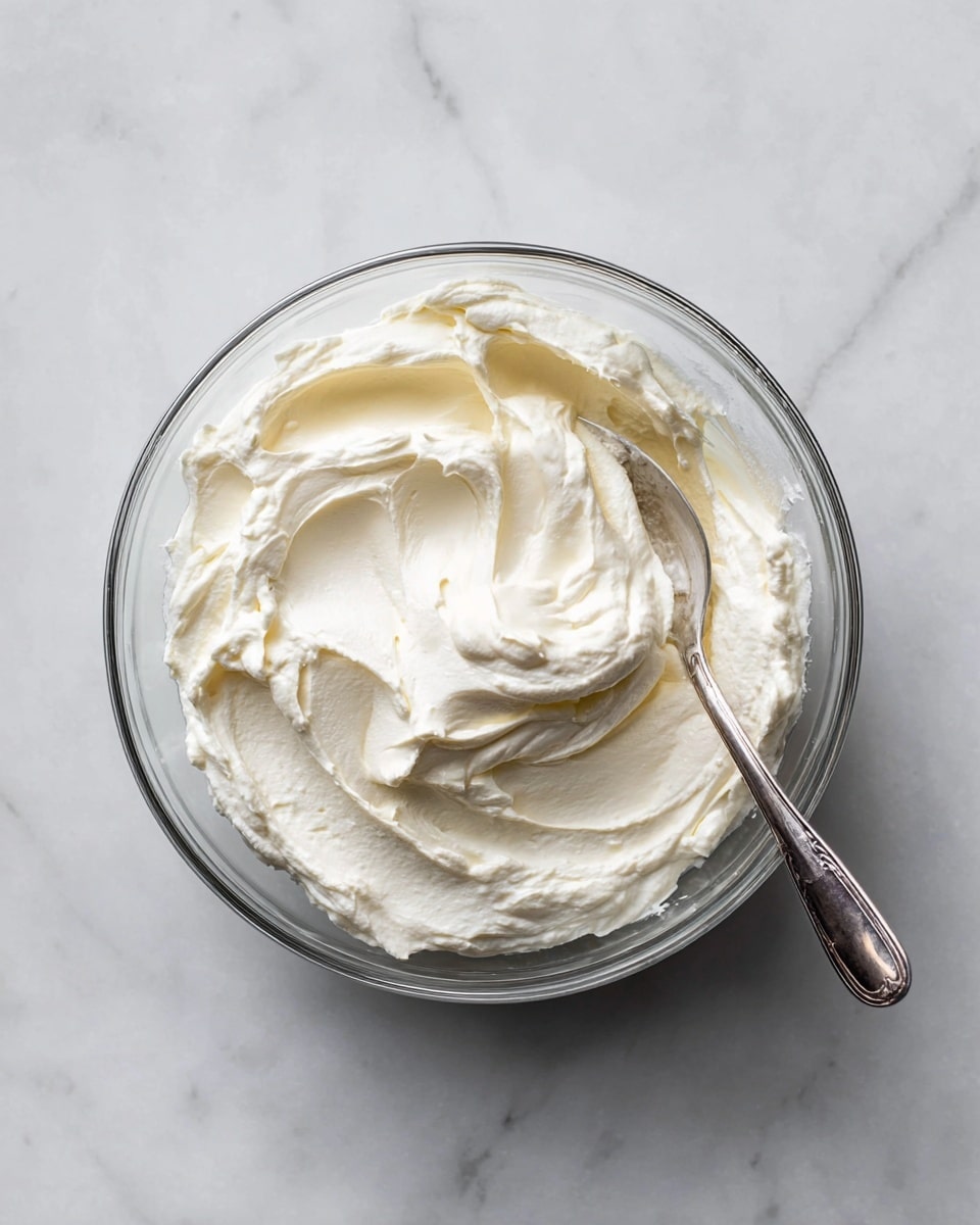 A clear glass bowl filled with one thick, creamy white layer of whipped cream that looks soft and smooth with some swirled peaks and gentle folds, a silver spoon resting on the right side, partially dipped into the cream. The bowl is placed on a white marbled surface. photo taken with an iphone --ar 4:5 --v 7
