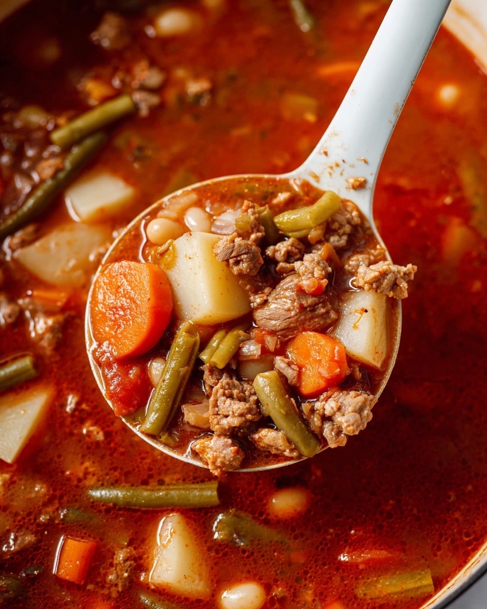 The image shows a close-up of a rich soup filled with several layers of ingredients. The base is a deep reddish broth with a smooth, slightly oily texture. Floating through the broth are chunks of tender light brown meat, soft orange carrot slices, small white beans, green bean segments, and small pieces of white onion. There are also irregular-shaped pieces of light brown potatoes adding to the mix. A white ladle is lifting a spoonful of the soup, showing the combination of these ingredients together with the reddish broth. The background is a white marbled texture. Photo taken with an iphone --ar 4:5 --v 7