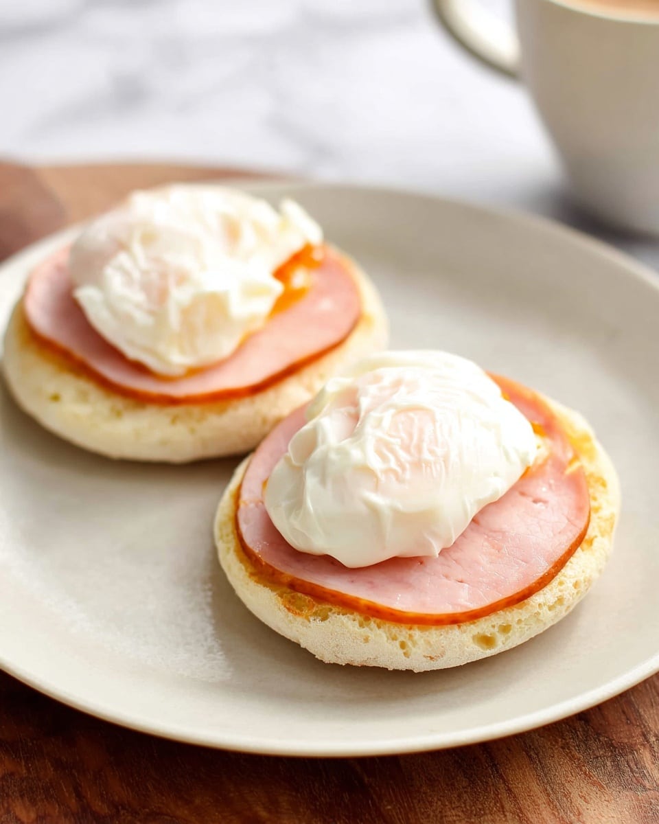 Two open English muffins sit on a white plate with a white marbled surface background. Each muffin has three layers: the bottom layer is a light golden English muffin with a rough texture, the middle layer is a round slice of pink ham with a slightly browned edge, and the top layer is a smooth, white poached egg with a slightly shiny surface. The plate is positioned on a wooden table, and part of a white cup is visible on the right side. Photo taken with an iphone --ar 4:5 --v 7