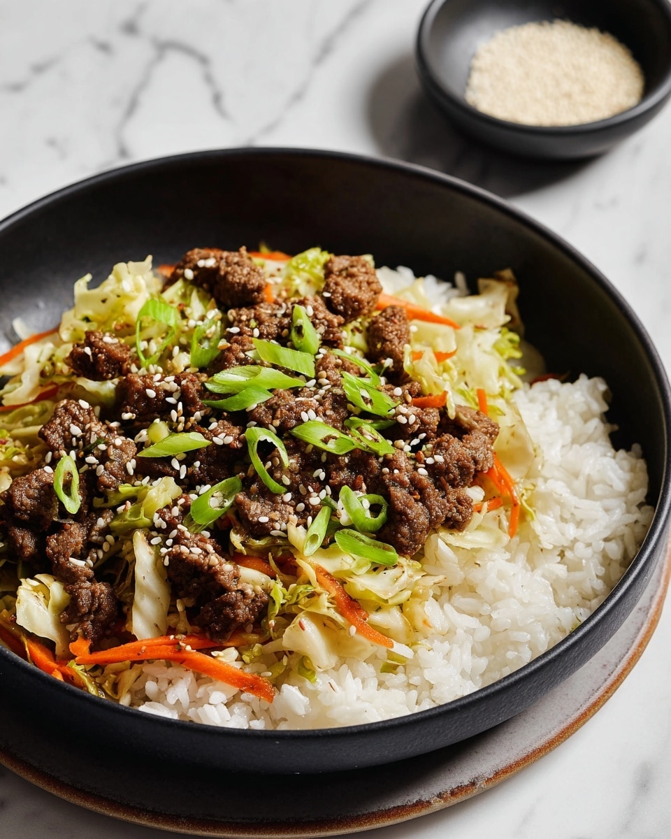 A black bowl holds three layers: the bottom layer is white rice with a soft, slightly sticky texture spread evenly; the middle layer is a mix of lightly cooked cabbage and thin orange carrot strips, adding a fresh and slightly crunchy look; the top layer shows small brown beef pieces scattered across, garnished with thin, bright green sliced scallions and sprinkled white sesame seeds. The bowl is set on a white marbled surface with a small black bowl holding white sesame seeds in the background. Photo taken with an iphone --ar 4:5 --v 7