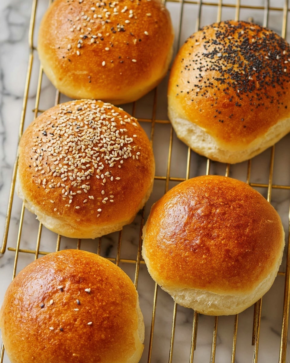 Five burger buns are shown on a gold cooling rack over a white marbled surface. Each bun is round with a shiny golden-brown top sprinkled with sesame seeds, except two buns which have a mix of black and white seeds. Some buns are placed with the top half flipped open, showing the soft, light beige inside texture. The buns look fluffy and freshly baked with smooth, glossy tops. photo taken with an iphone --ar 4:5 --v 7