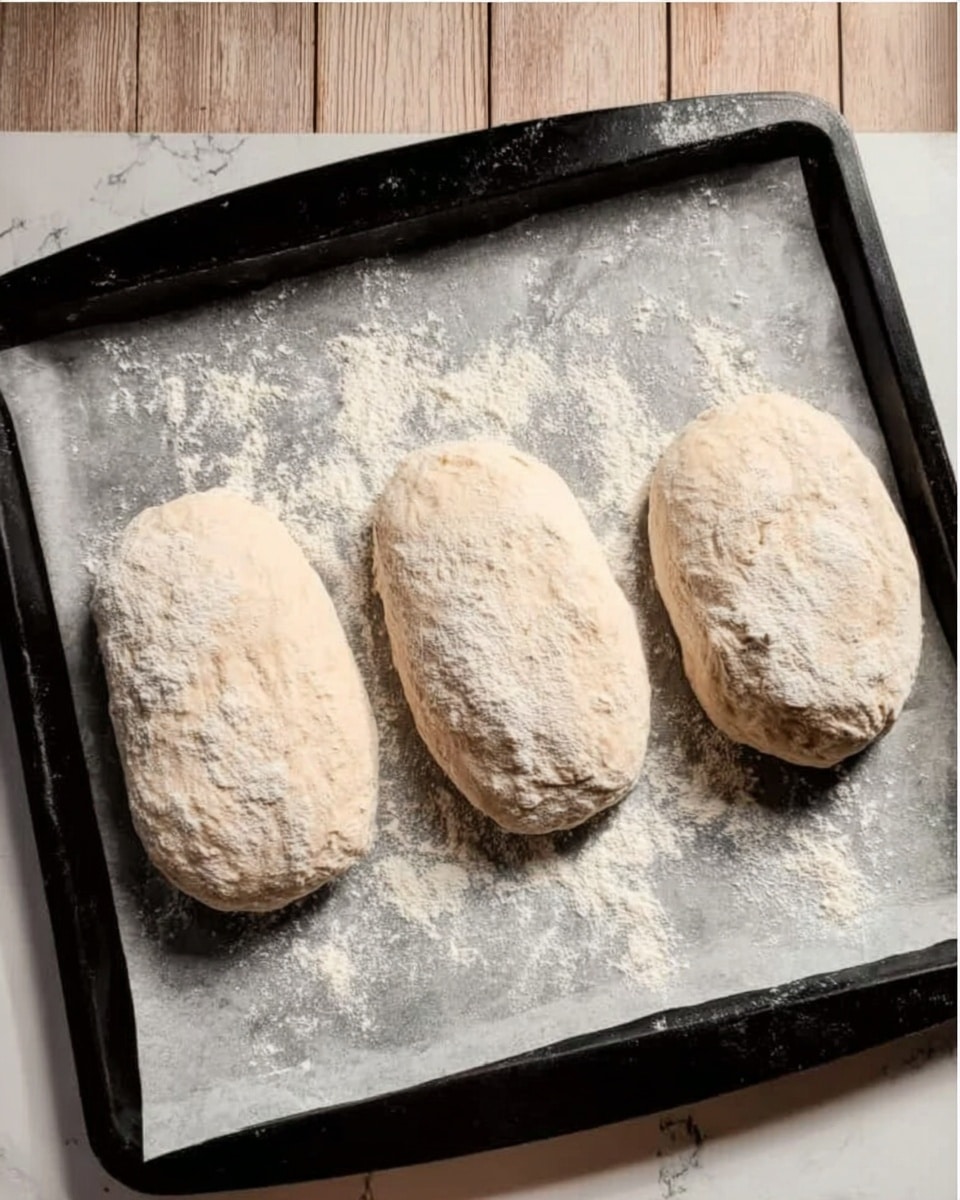 The image shows three pieces of dough placed on a baking tray lined with parchment paper. Each dough piece is oval-shaped with a rough, flour-dusted surface, giving them a slightly uneven texture. The tray is black and sits on a white marbled countertop. There is some scattered flour around the dough pieces on the parchment paper. The background features light brown wooden panels. photo taken with an iphone --ar 4:5 --v 7