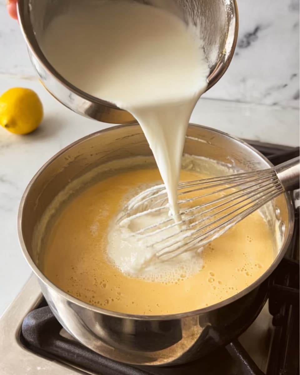 The image shows a close-up of a shiny metal pot on a stove with thick light brown batter inside. A woman's hand is pouring a smooth white liquid from a metal bowl into the batter, while a metal whisk is resting inside the pot, partially mixing the two liquids. The stove surface and background are changed to a white marbled texture, with a bright yellow lemon resting in the background. The overall scene focuses on the action of mixing with warm light and soft shadows. photo taken with an iphone --ar 4:5 --v 7