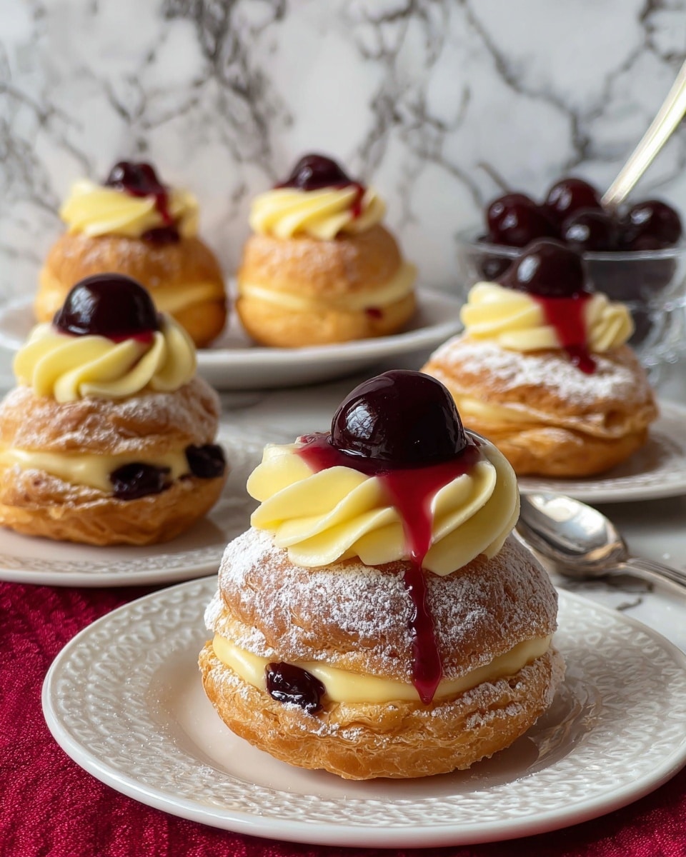 The image shows four cream-filled pastries arranged on a white plate with a detailed edge. Each pastry has a golden brown, crispy, layered base dusted lightly with white powdered sugar. On top of each pastry is a thick, smooth swirl of pale yellow cream, crowned with a glossy dark cherry that has a small pool of red syrup dripping slightly down the sides. In the background, two more pastries sit on another white plate, placed on a red cloth, with a white marbled textured wall behind. A clear glass container with dark cherries and a silver spoon is partially visible on the right side on a white marbled surface photo taken with an iphone --ar 4:5 --v 7