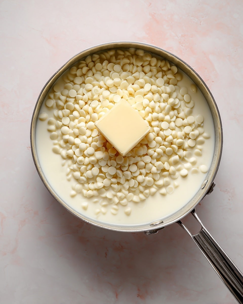 A top view of a silver pan filled with white chocolate chips scattered unevenly on top, a light cream liquid beneath them, and a small square of pale yellow butter in the center, all sitting on a white marbled surface photo taken with an iphone --ar 4:5 --v 7