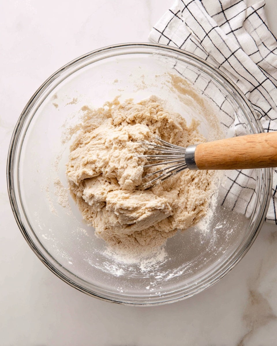 A clear glass bowl sits on a white marbled surface with a small heap of sticky dough inside. The dough is light beige, rough, and uneven in texture, showing lumps and some dry flour clinging to the sides of the bowl. A wooden-handled dough whisk rests inside the bowl, partially pushed into the dough. A white and black checkered cloth is tucked beside the top right edge of the bowl. photo taken with an iphone --ar 4:5 --v 7