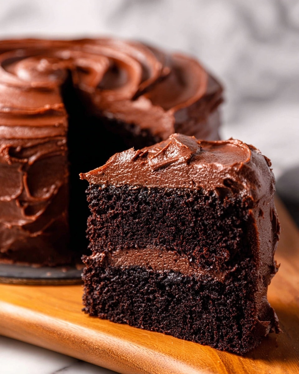 The image shows a rich chocolate cake with two thick layers of dark brown moist cake separated by a smooth, thick layer of glossy dark chocolate frosting. The top of the cake is covered in a thick, swirled layer of the same dark chocolate frosting with textured swirls visible. A slice is cut from the cake, placed in the foreground, showing the even layers and creamy frosting inside. The cake is on a wooden board with a blurred white marbled surface in the background. Photo taken with an iphone --ar 4:5 --v 7