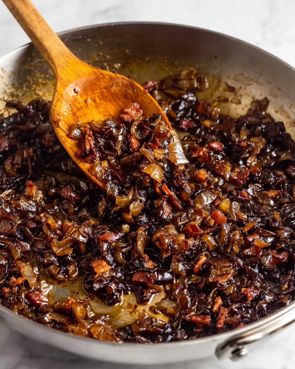 The image shows a close-up view of a silver pan filled with cooked, dark brown caramelized onions and small bacon pieces. The mixture looks shiny and moist, with a rich, sticky texture. A wooden spoon is scooping some of the onions and bacon from the right side of the pan, revealing the shiny surface of the pan underneath. The onions and bacon pieces vary in size and shape, and the dish has a deep, dark color with hints of golden caramel. The pan is placed on a white marbled surface. photo taken with an iphone --ar 4:5 --v 7