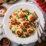 Baked Chicken Meatballs with Sun-Dried Tomato Orzo in Creamy Spinach Recipe