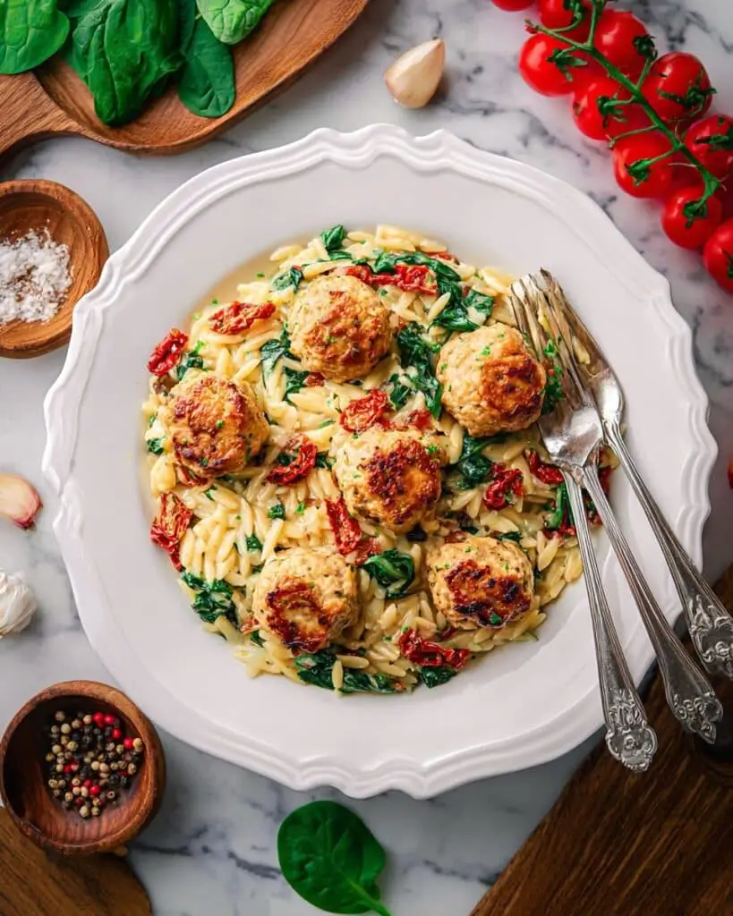 Baked Chicken Meatballs with Sun-Dried Tomato Orzo in Creamy Spinach Recipe