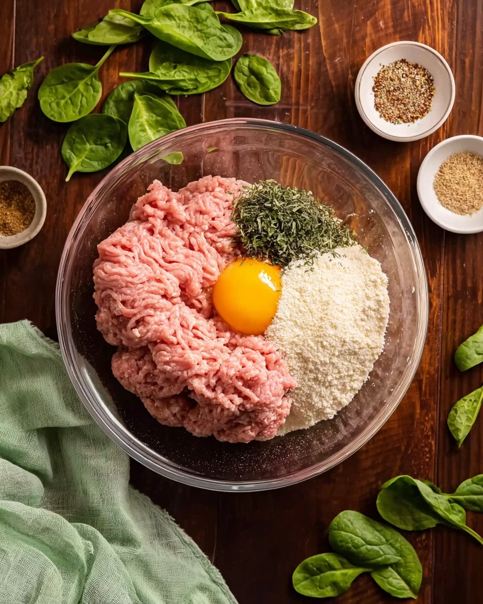A clear glass bowl holds layers of ingredients: a large portion of light pink ground meat forms the base, topped with a bright yellow egg yolk near the center, a mound of fine white breadcrumbs on one side, and a cluster of greenish mixed herbs next to the yolk. The bowl is placed on a dark wooden surface scattered with a few fresh green spinach leaves and small white bowls containing spices. A folded light green cloth napkin is tucked to the lower left corner. The overall setting is warm and natural, giving a fresh cooking vibe. photo taken with an iphone --ar 4:5 --v 7