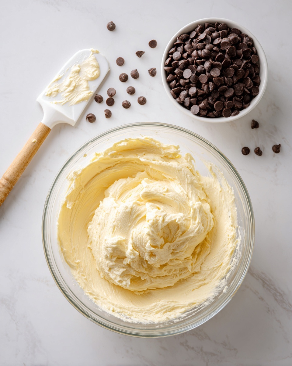 A clear glass mixing bowl contains a thick, creamy, pale yellow batter with a few small lumps on top, showing a smooth and soft texture. Behind the bowl, there is a small white bowl filled with dark brown chocolate chips, each chip shiny and rounded. To the left side of the mixing bowl, a white spatula with a wooden handle rests on a white marbled surface, with some of the pale yellow batter spread lightly on its edge. The whole scene sits on a clean white marbled texture background. photo taken with an iphone --ar 4:5 --v 7