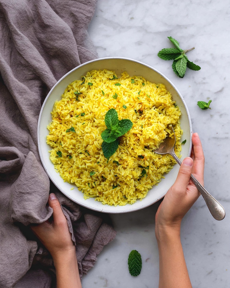 A white bowl filled with a large amount of yellow rice, with small bits of green herbs mixed in and a few fresh green mint leaves on top, is placed on a white marbled surface. A woman's hand holds the bowl from the top edge while another woman's hand scoops the rice with a silver spoon. Around the bowl, there are a few loose green mint leaves and a soft grey cloth is draped nearby. The scene is natural and bright, showing the texture of the fluffy rice grains clearly photo taken with an iphone --ar 4:5 --v 7