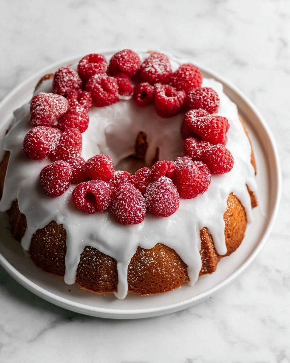 A round bundt cake with a golden brown texture sits on a white plate, covered with a smooth white icing that drips slightly down the sides. On top of the icing, a circle of bright red raspberries is carefully placed, and both the raspberries and icing are lightly dusted with white powdered sugar. The plate rests on a white marbled surface photo taken with an iphone --ar 4:5 --v 7