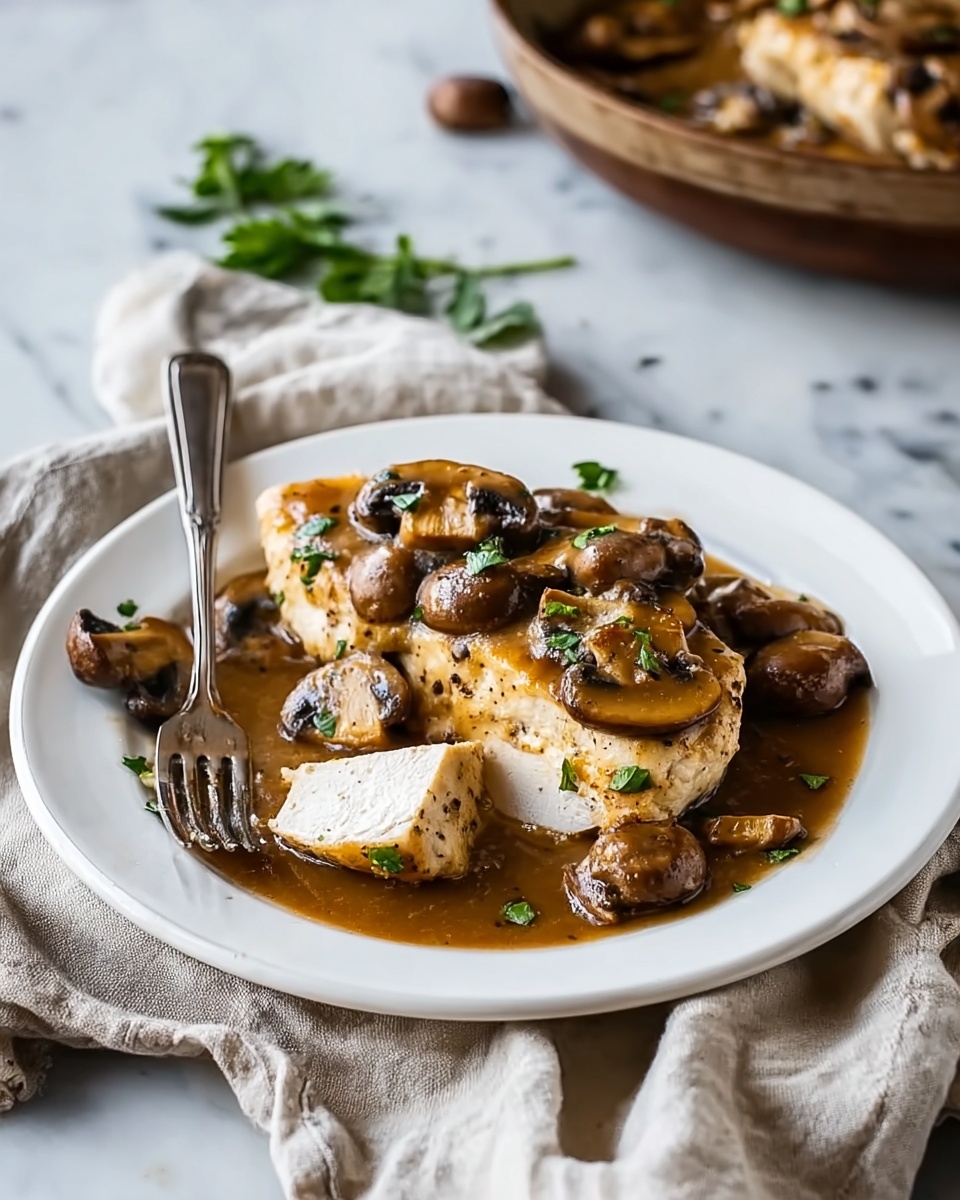 The image shows a white plate with three pieces of cooked white meat covered in brown mushroom sauce, with whole brown mushrooms scattered on top and around the meat. One piece of the meat is sliced to reveal the soft inner texture, and a fork is placed on the left side of the plate, slightly touching the food. The plate rests on a wrinkled light beige cloth on a white marbled surface. In the background, there is a blurred bowl containing more mushroom sauce and some green herbs to the upper right. Photo taken with an iphone --ar 4:5 --v 7
