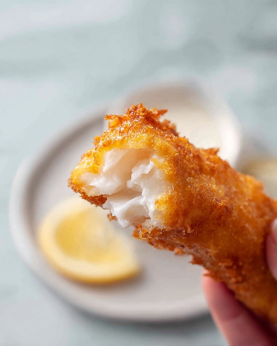 A close-up view of a golden brown, crispy fried fish stick held by a woman's hand, showing its rough and crunchy outer layer with a light golden color. The inside is soft and white, flaky fish meat that looks fresh and tender, with some white sauce lightly spread on a corner of the fish stick. In the background, there is a white plate with a smooth texture on a white marbled surface, softly blurred to keep focus on the fish stick in the front. Photo taken with an iphone --ar 4:5 --v 7