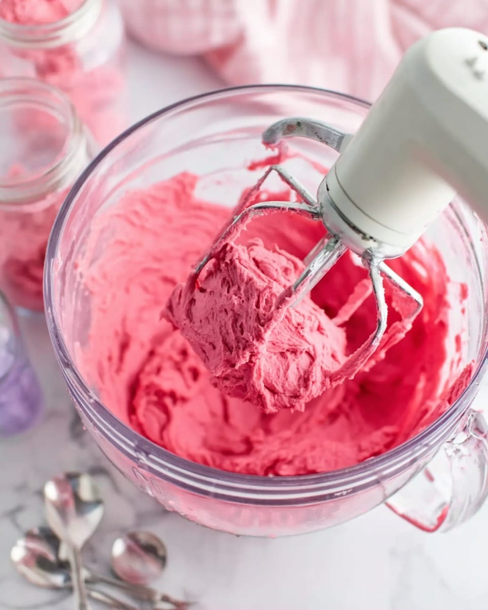 A clear glass mixing bowl contains bright pink dough with a smooth, thick texture, attached to a white mixer beater in the center. The bowl sits on a white marbled surface with two small spoons and empty clear glass jars nearby. A pink cloth is softly visible in the blurred background. photo taken with an iphone --ar 4:5 --v 7