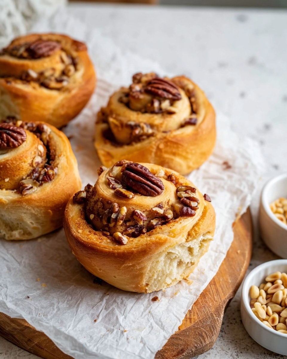 The image shows four golden brown cinnamon rolls with a swirled shape. Each roll has layers of light golden dough with darker, textured filling inside. There are whole pecan halves pressed into the dough on top, adding a rich dark brown color. The rolls have a soft, slightly shiny surface with bits of nuts sprinkled throughout the filling. They are placed on white parchment paper, which rests on a wooden surface, and a small white bowl with pine nuts is partly visible on the right. The background has a white marbled texture. photo taken with an iphone --ar 4:5 --v 7