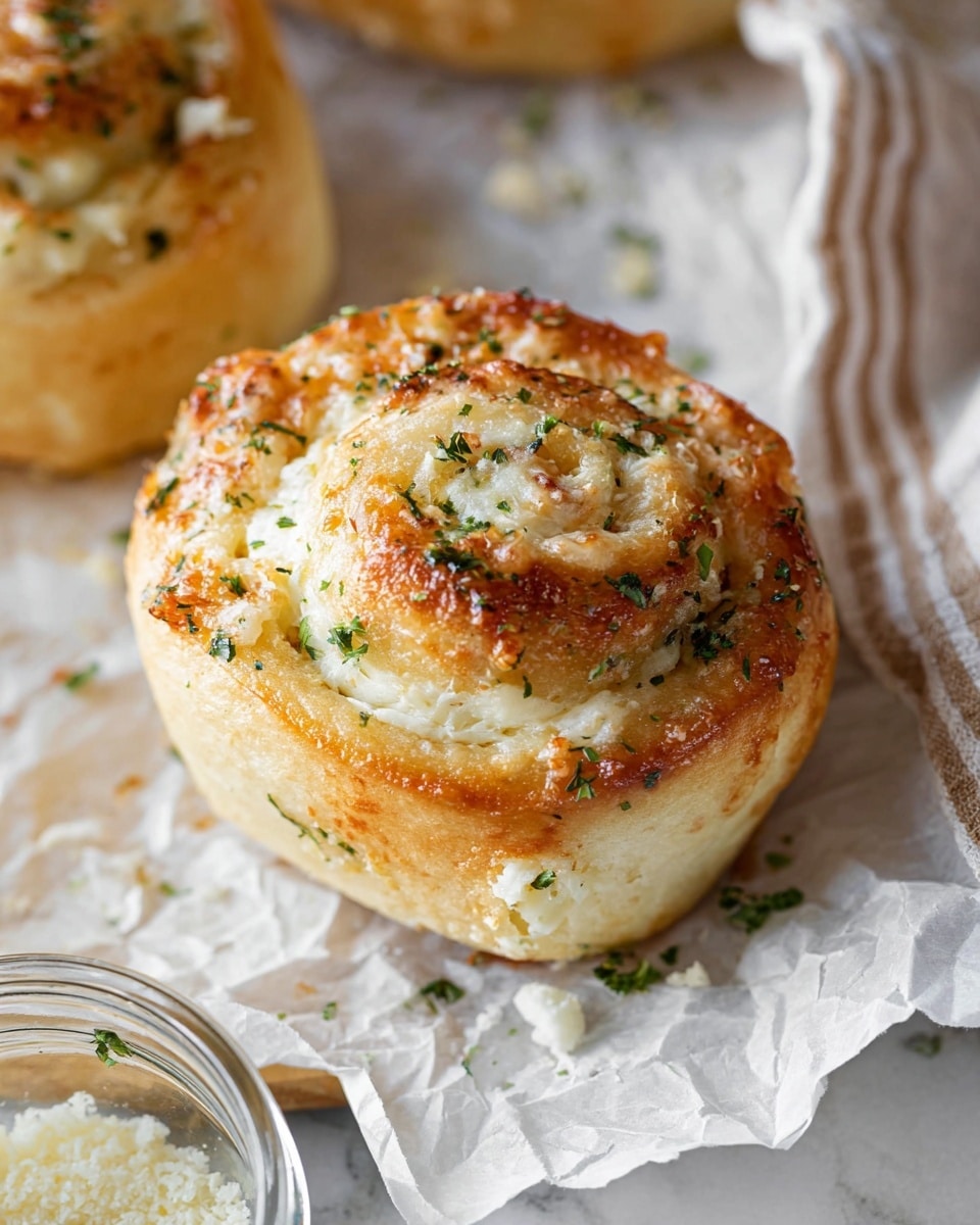 A close-up view of a single golden garlic roll showing three thick layers spiraled tightly. The outer layer is a light golden crust with a soft texture, sprinkled with green parsley bits and white parmesan cheese. The middle layer is creamy white cheese spread that blends smoothly into the dough. The top layer is a slightly darker browned cheese patch with a rough texture and scattered parsley. The roll sits on crumpled parchment paper on a white marbled surface, with part of a white cloth with brown stripes at the edge and a clear glass jar tipped over nearby. photo taken with an iphone --ar 4:5 --v 7