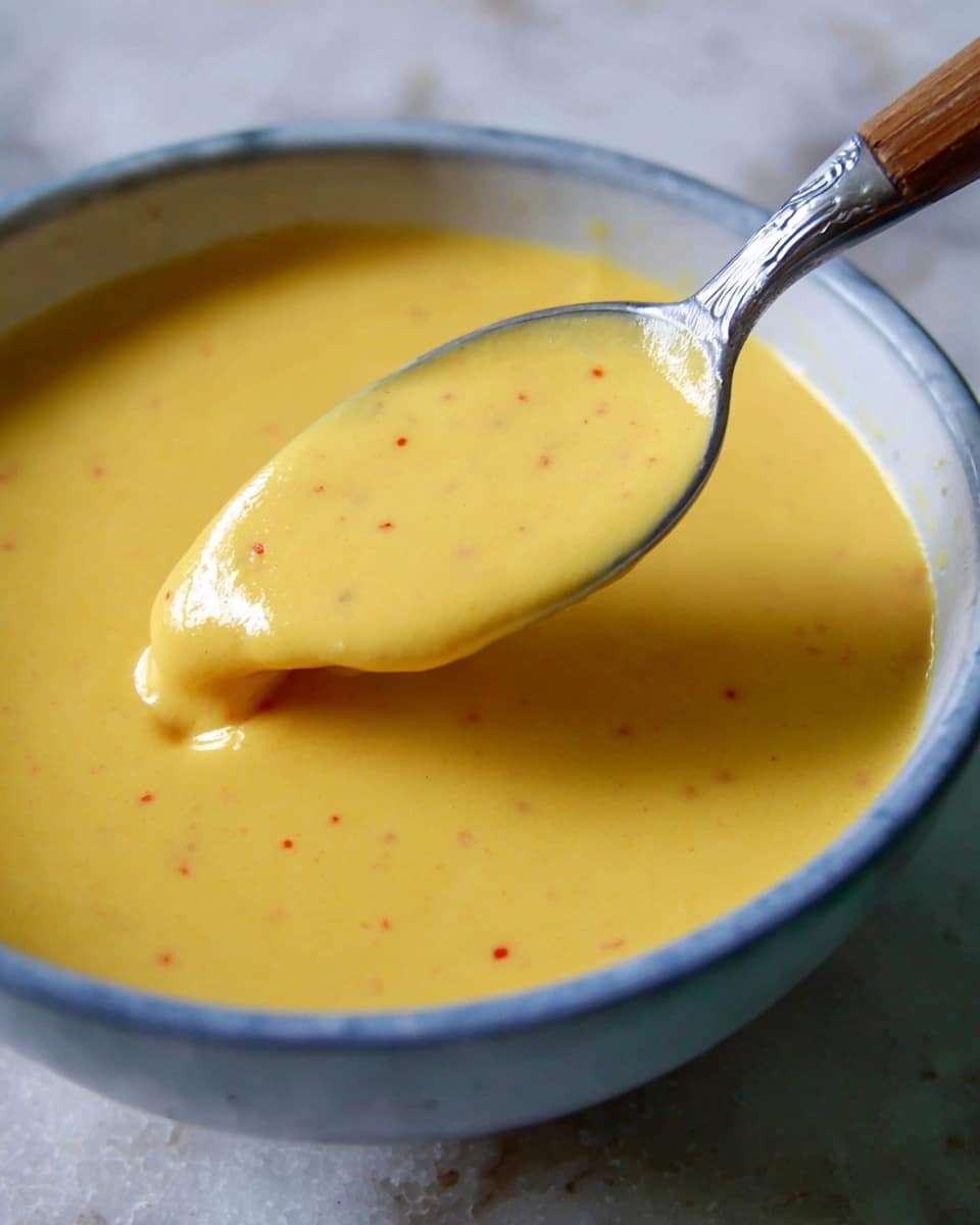 A close-up image of a smooth, creamy yellow sauce with tiny specks of red throughout, held on a silver spoon with a wooden handle, dipping into a white bowl filled with the same sauce. The spoon is partially lifted, showing the thick yet smooth texture of the sauce as it clings to the spoon. The bowl is placed on a white marbled surface with a soft, natural light highlighting the shiny sauce texture. photo taken with an iphone --ar 4:5 --v 7