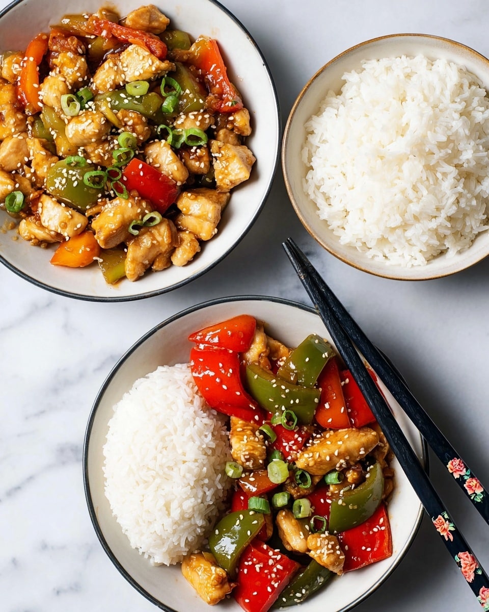 The image shows two white bowls of stir-fried chicken with bell peppers and green onions. Each bowl holds a mix of three layers: on the left, chunks of cooked chicken that are light brown with a glossy sauce, on the right, large pieces of red and green bell peppers with a shiny texture, and both sides are topped with sprinkled white sesame seeds and small chopped green onions. One bowl also contains a neat mound of white rice beside the stir-fry, with two black chopsticks with floral patterns resting on the edge of the bowl. Above them is a third white bowl filled with plain white rice, all placed on a white marbled surface. photo taken with an iphone --ar 4:5 --v 7