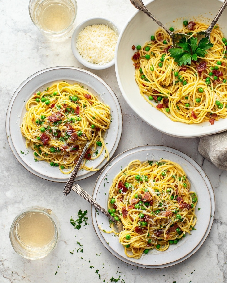 The image shows two white plates filled with round nests of yellow spaghetti noodles mixed with bright green peas and small pieces of reddish brown bacon, sprinkled with white grated cheese and small green parsley flakes. A silver fork rests on each plate, twirling a few strands of spaghetti. To the right, a large white bowl holds more of the spaghetti mixture, garnished with a green parsley leaf, with a silver spoon resting in it. A small white bowl containing grated cheese is placed near the top, and two glasses with light-colored drinks are on the white marbled surface, which serves as the backdrop. photo taken with an iphone --ar 4:5 --v 7